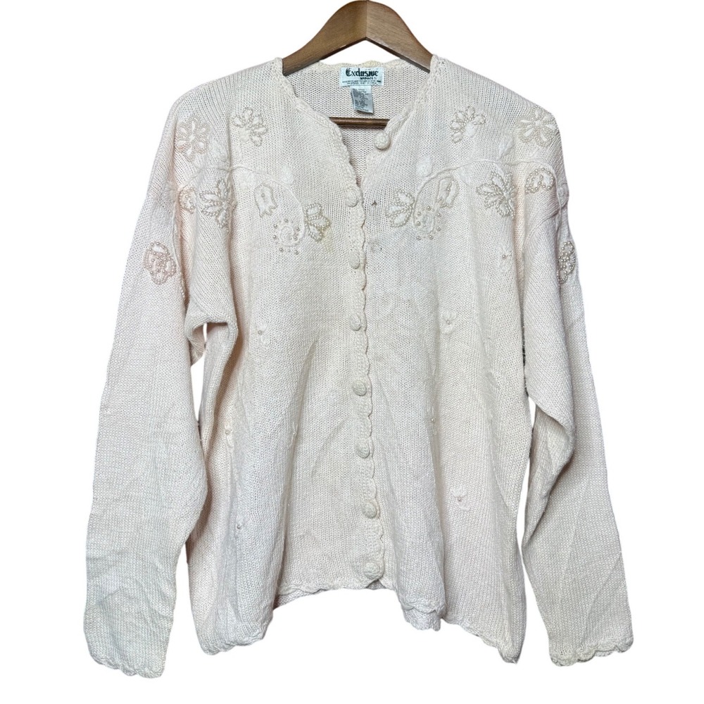 Vintage Exclusive Imports Women Large Pink Floral Embroidery Pearl Knit Cardigan